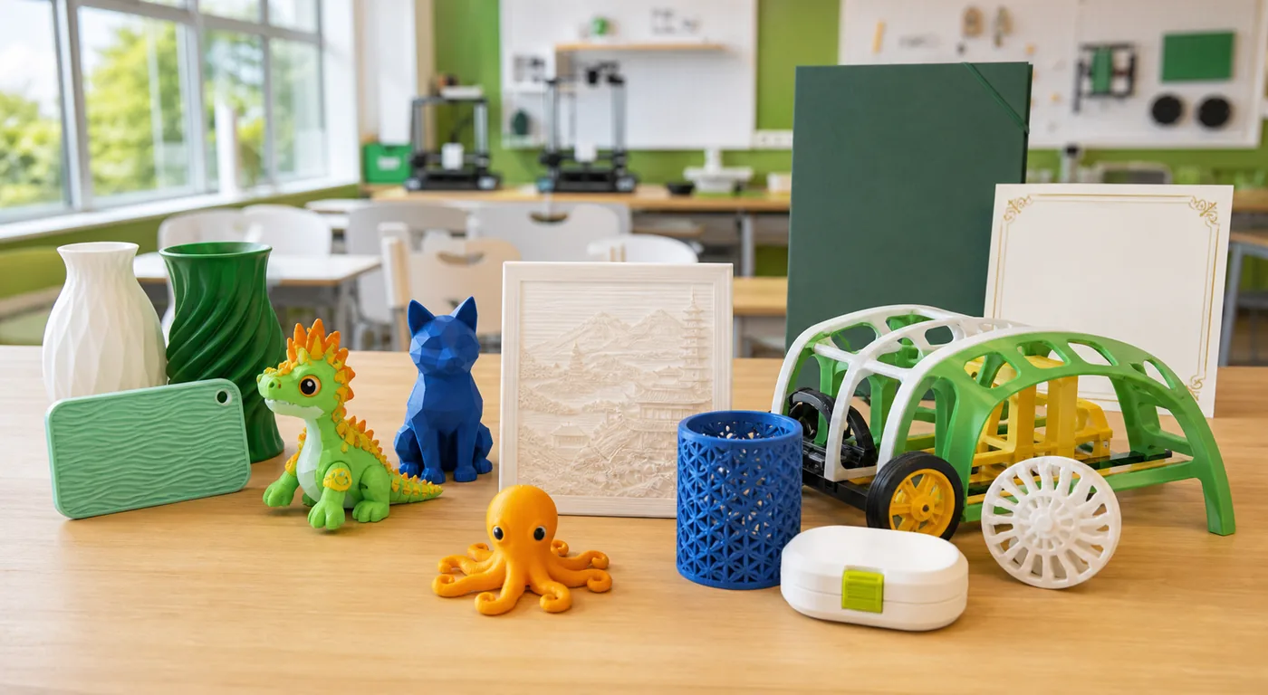 桌面上陈列的 3D 打印学生作品